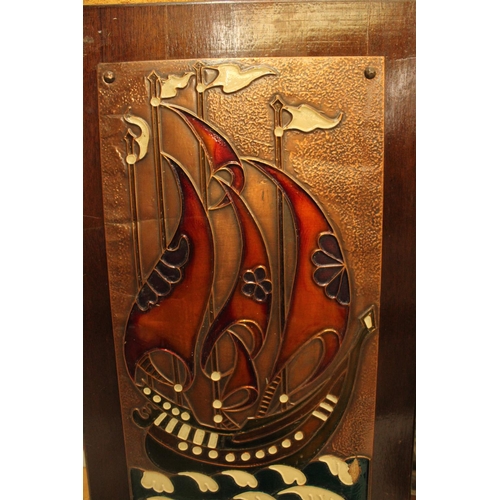 53 - A COPPER AND ENAMELLED ART NOUVEAU GALLEON ON A HARDWOOD BACKBOARD 28