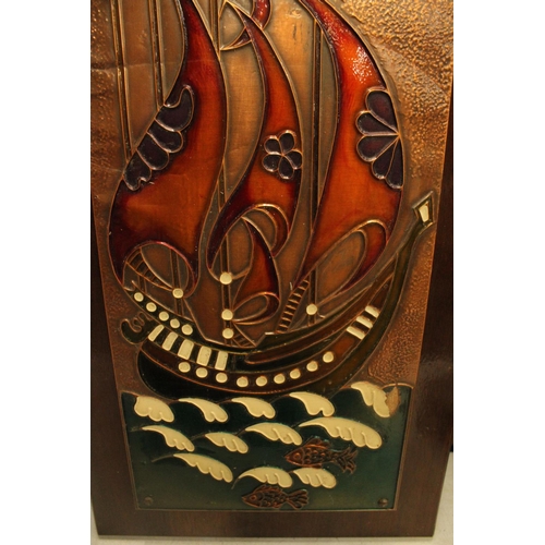 53 - A COPPER AND ENAMELLED ART NOUVEAU GALLEON ON A HARDWOOD BACKBOARD 28