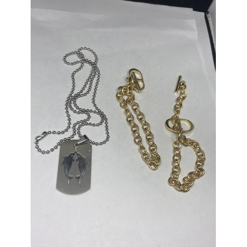 639 - TWO GOLD PLATED T BAR BRACELETS AND A WHITE METAL DOLPHIN PENDANT NECKLACE