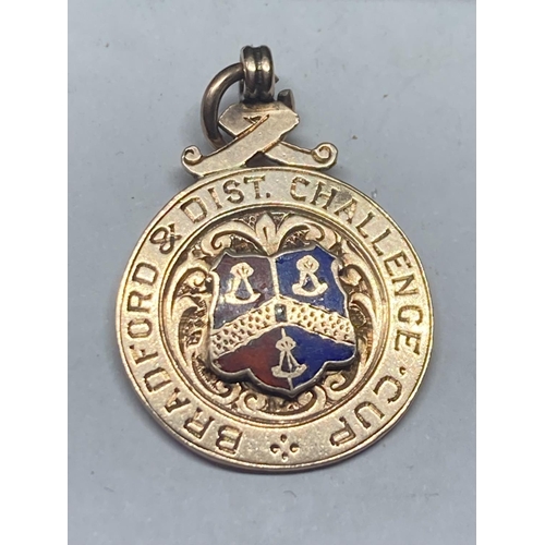 641 - A MARKED 375 9 CARAT GOLD FOOTBALL MEDAL 1906 BRADFORD AND DISTRICT CHALLENGE CUP VICTORIA RANGERS F... 