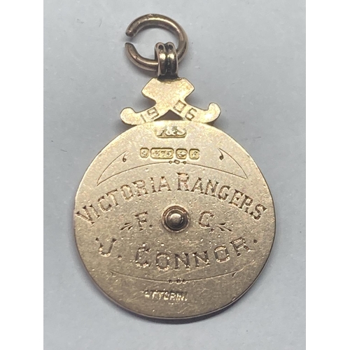 641 - A MARKED 375 9 CARAT GOLD FOOTBALL MEDAL 1906 BRADFORD AND DISTRICT CHALLENGE CUP VICTORIA RANGERS F... 