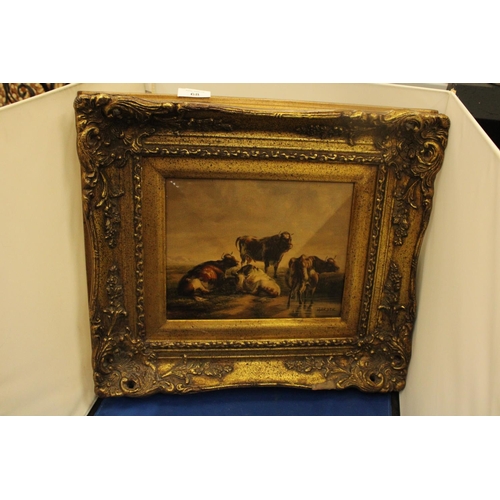 68 - A GILT FRAMED OIL ON CANVAS SIGNED HARDER OF THREE COWS AND A BULL RESTING 19