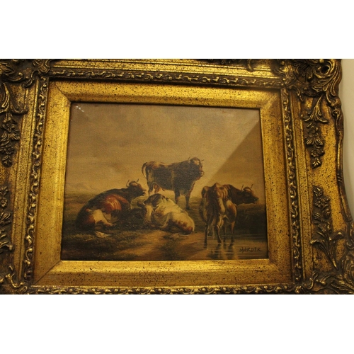 68 - A GILT FRAMED OIL ON CANVAS SIGNED HARDER OF THREE COWS AND A BULL RESTING 19