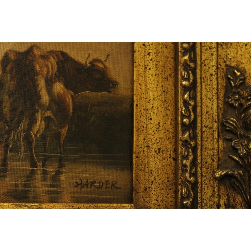 68 - A GILT FRAMED OIL ON CANVAS SIGNED HARDER OF THREE COWS AND A BULL RESTING 19