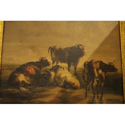 68 - A GILT FRAMED OIL ON CANVAS SIGNED HARDER OF THREE COWS AND A BULL RESTING 19