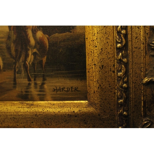 68 - A GILT FRAMED OIL ON CANVAS SIGNED HARDER OF THREE COWS AND A BULL RESTING 19