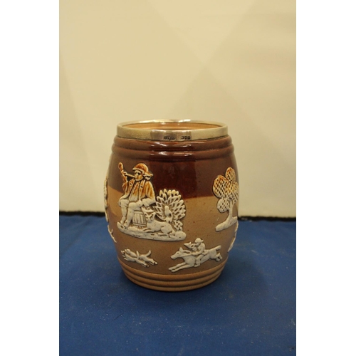 71 - A DOUTLON LAMBETH JAR WITH A HALLMARKED LONDON SILVER RIM