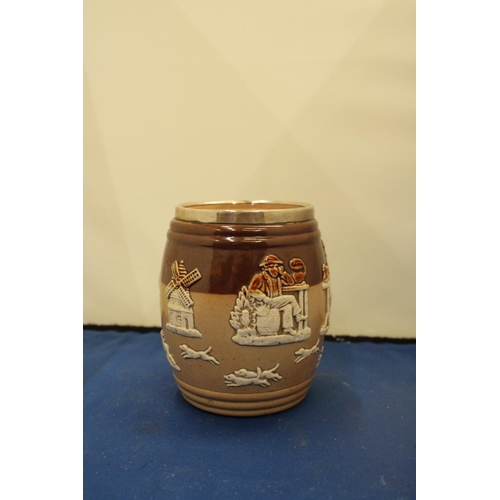 71 - A DOUTLON LAMBETH JAR WITH A HALLMARKED LONDON SILVER RIM