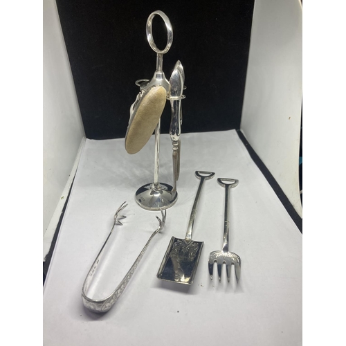 87 - VARIOUS HALLMARKED SILVER ITEMS TO INCLUDE A BIRMINGHAM MANICURE SET AND TONGS AND A SILVER PLATED M... 