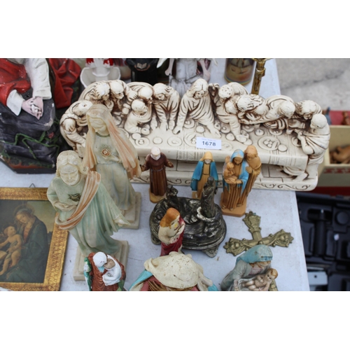 1678 - AN ASSORTMENT OF RELIGIOUS ITEMS TO INCLUDE FIGURES AND CANDLES ETC