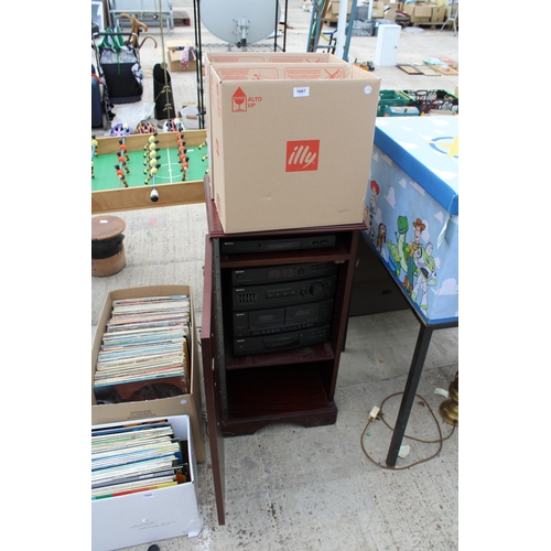 1687 - A CABINET WITH A SONY STEREO SYSTEM AND AN ASSORTMENT OF LP RECORDS