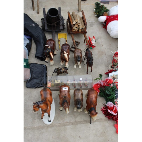 1742 - AN ASSORTMENT OF CERAMIC MODEL HORSES TO INCLUDE TWO CARTS