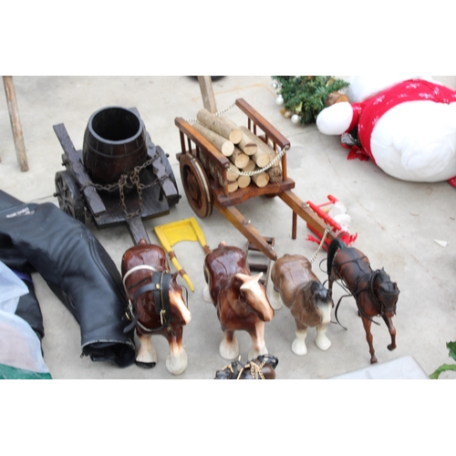 1742 - AN ASSORTMENT OF CERAMIC MODEL HORSES TO INCLUDE TWO CARTS