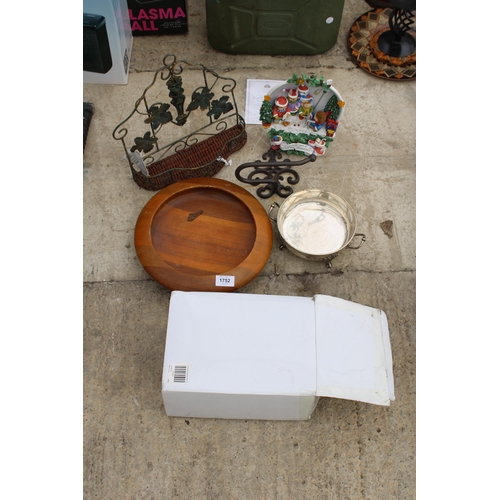 1752 - AN ASSORTMENT OF ITEMS TO INCLUDE A WIRE WALL SHELF, A TREEN BOWL AND A SILVER PLATED DISH ETC