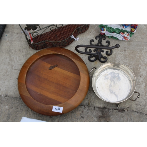 1752 - AN ASSORTMENT OF ITEMS TO INCLUDE A WIRE WALL SHELF, A TREEN BOWL AND A SILVER PLATED DISH ETC