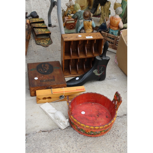 1763 - AN ASSORTMENT OF ITEMS TO INCLUDE A SHOE STRETCHER, A LETTER RACK AND A TREEN BOWL ETC