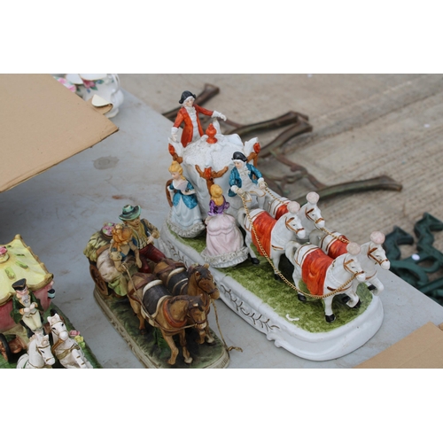 1770 - FOUR VARIOUS CERAMIC HORSE AND CART FIGURES