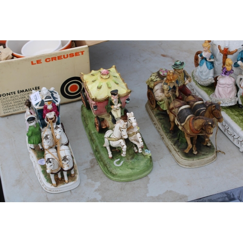 1770 - FOUR VARIOUS CERAMIC HORSE AND CART FIGURES