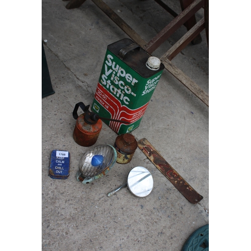 1788 - AN ASSORTMENT OF VINTAGE ITEMS TO INCLUDE A BP OIL CAN, AND PUMP ACTION OIL CANS ETC