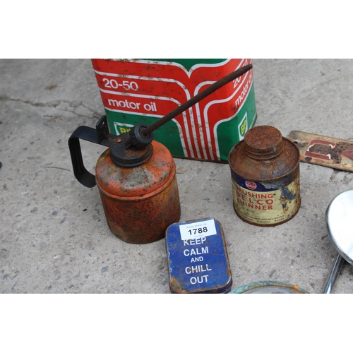 1788 - AN ASSORTMENT OF VINTAGE ITEMS TO INCLUDE A BP OIL CAN, AND PUMP ACTION OIL CANS ETC