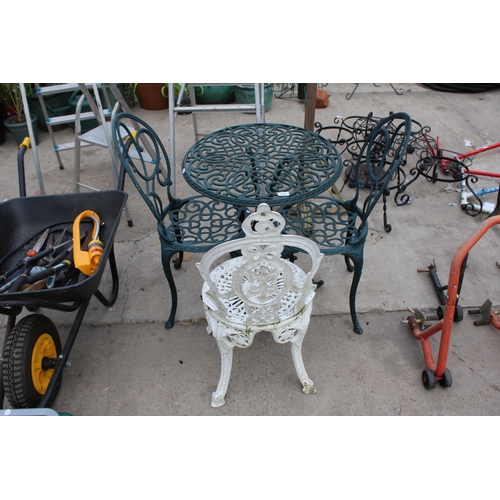 1792 - A METAL BISTRO TABLE AND TWO CHAIRS AND A FURTHER CAST ALLOY BISTRO CHAIR