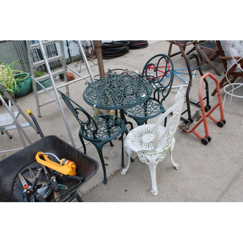 1792 - A METAL BISTRO TABLE AND TWO CHAIRS AND A FURTHER CAST ALLOY BISTRO CHAIR