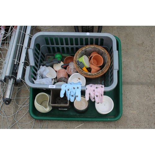 1793 - AN ASSORTMENT OF GARDEN TOOLS TO INCLUDE A WHEEL BARROW, A WASHING LINE AND BRUSHES ETC