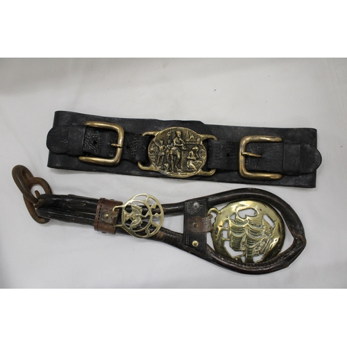 177 - TWO HORSE BRASSES ON LEATHER STRAPS