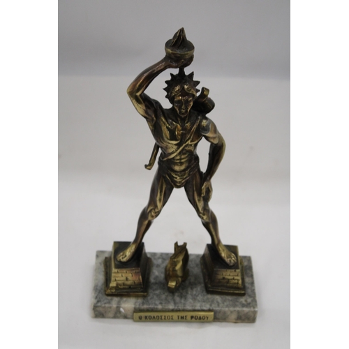 179 - A BRASS FIGURE OF A GREEK GOD, HEIGHT 31CM