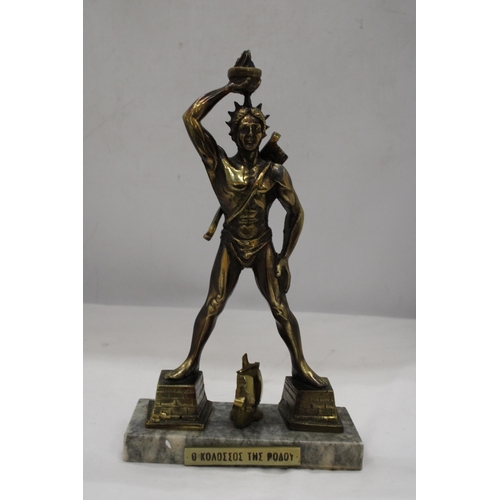 179 - A BRASS FIGURE OF A GREEK GOD, HEIGHT 31CM