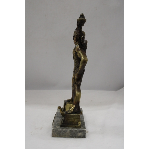 179 - A BRASS FIGURE OF A GREEK GOD, HEIGHT 31CM