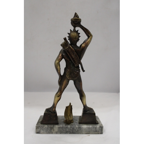 179 - A BRASS FIGURE OF A GREEK GOD, HEIGHT 31CM