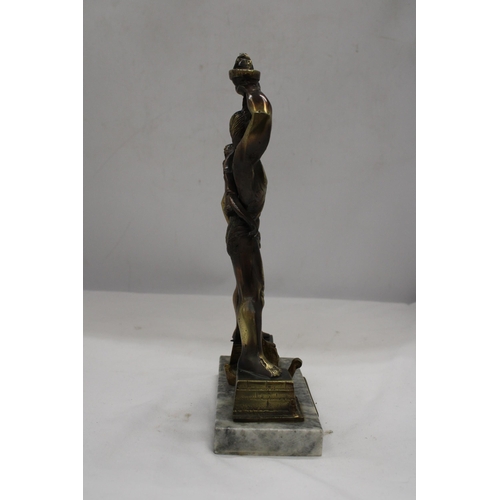 179 - A BRASS FIGURE OF A GREEK GOD, HEIGHT 31CM