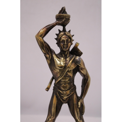 179 - A BRASS FIGURE OF A GREEK GOD, HEIGHT 31CM