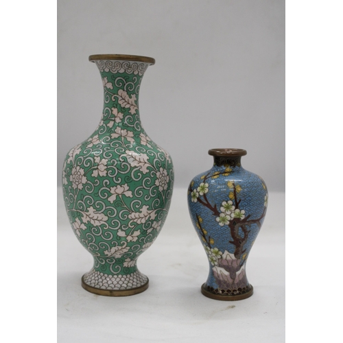 182 - TWO ORIENTAL STYLE CLOISONNE VASES, HEIGHTS 21CM AND 13CM