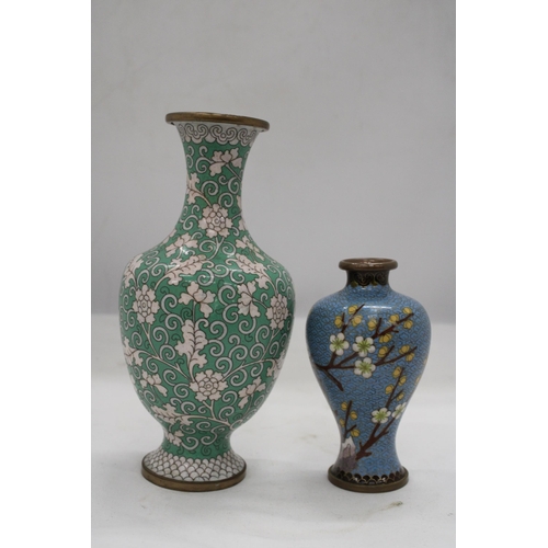 182 - TWO ORIENTAL STYLE CLOISONNE VASES, HEIGHTS 21CM AND 13CM