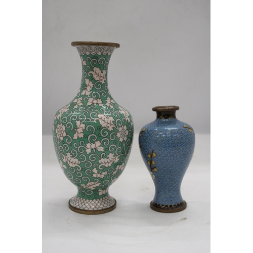 182 - TWO ORIENTAL STYLE CLOISONNE VASES, HEIGHTS 21CM AND 13CM