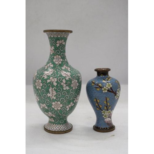 182 - TWO ORIENTAL STYLE CLOISONNE VASES, HEIGHTS 21CM AND 13CM