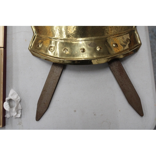 199 - A LARGE BRASS, SHIELD AND SWORDS, PLAQUE