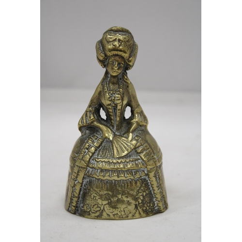 214 - A VINTAGE BRASS BELL MODELLED AS A VICTORIAN WOMAN