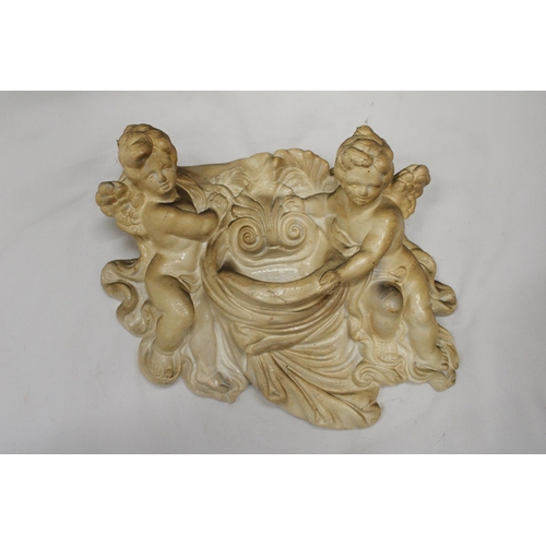 222 - A VINTAGE METAL MMODEL OF A CHERUB, HEIGHT 42CM, PLUS TWO WALL HANGING CHERUBS, 1 A/F