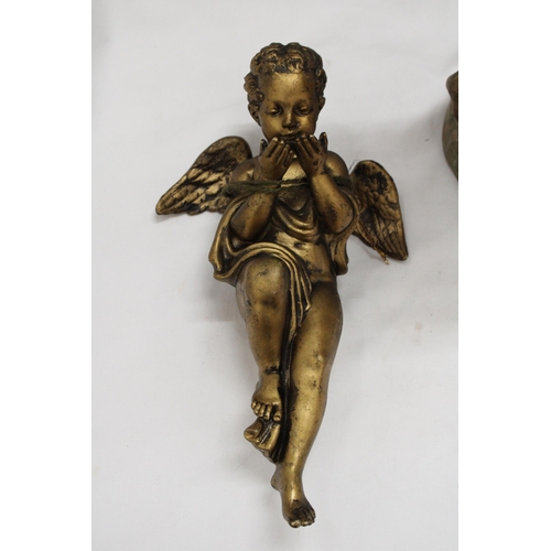 222 - A VINTAGE METAL MMODEL OF A CHERUB, HEIGHT 42CM, PLUS TWO WALL HANGING CHERUBS, 1 A/F