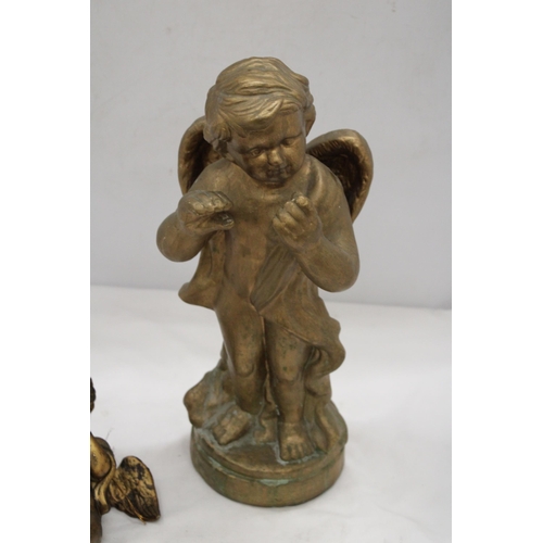 222 - A VINTAGE METAL MMODEL OF A CHERUB, HEIGHT 42CM, PLUS TWO WALL HANGING CHERUBS, 1 A/F