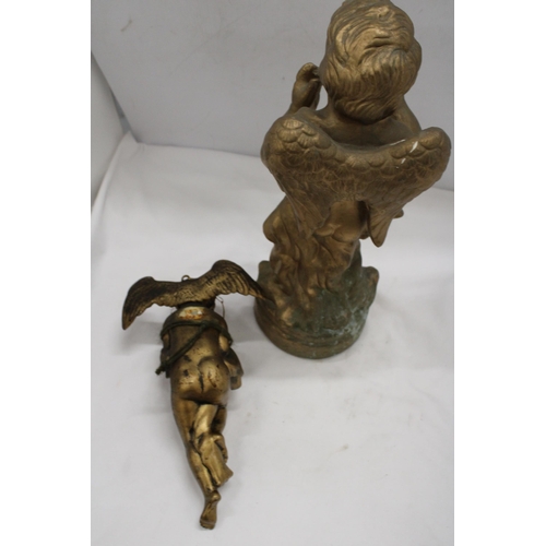 222 - A VINTAGE METAL MMODEL OF A CHERUB, HEIGHT 42CM, PLUS TWO WALL HANGING CHERUBS, 1 A/F