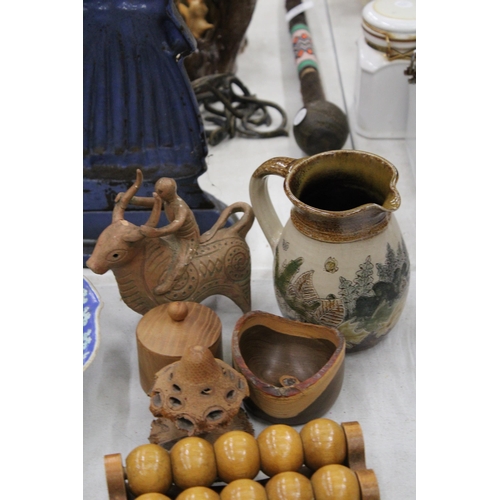 224 - A QUANTITY OF ITEMS TO INCLUDE TREEN BOWLS, SMALL LIDDEDPOTS, MINIATURE ANIMALS, A TERRECOTTA BULL W... 