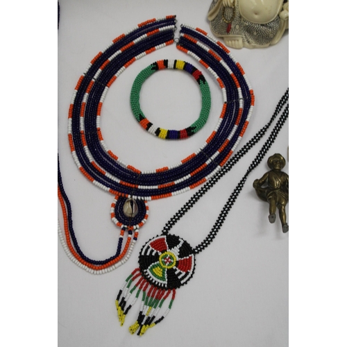 229 - THREE BUDDAHS PLUS AFRICAN BEADED ITEMS