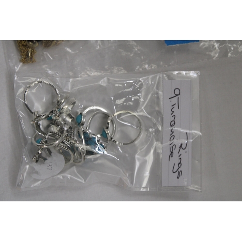 233 - A QUANTITY OF COSTUME JEWELLERY TO INCLUDE OPAL AND TURQUOISE RINGS, PENDANTS AND CHAINS