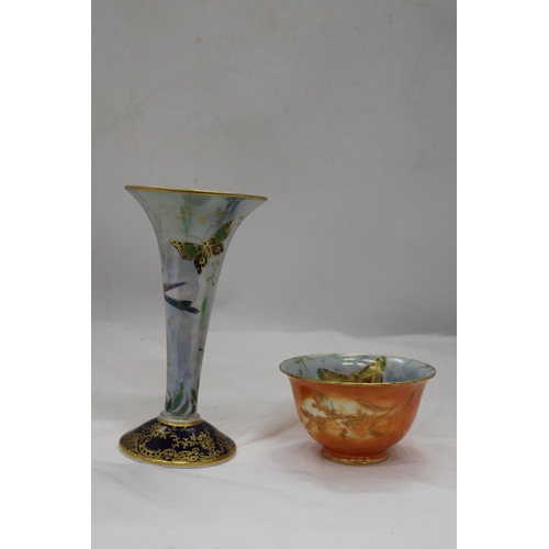 248 - TWO PIECES OF VINTAGE AYNSLEY LUSTREWARE WITH BUTTERFLY DESIGN, TO INCLUDE A VASE, HEIGHT 18CM AND A... 