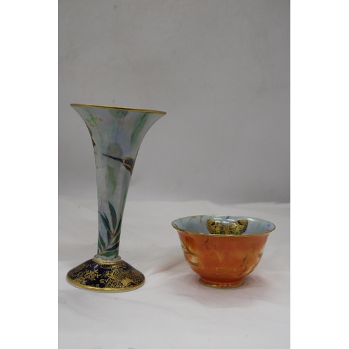 248 - TWO PIECES OF VINTAGE AYNSLEY LUSTREWARE WITH BUTTERFLY DESIGN, TO INCLUDE A VASE, HEIGHT 18CM AND A... 