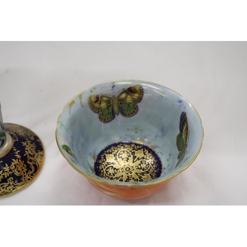 248 - TWO PIECES OF VINTAGE AYNSLEY LUSTREWARE WITH BUTTERFLY DESIGN, TO INCLUDE A VASE, HEIGHT 18CM AND A... 